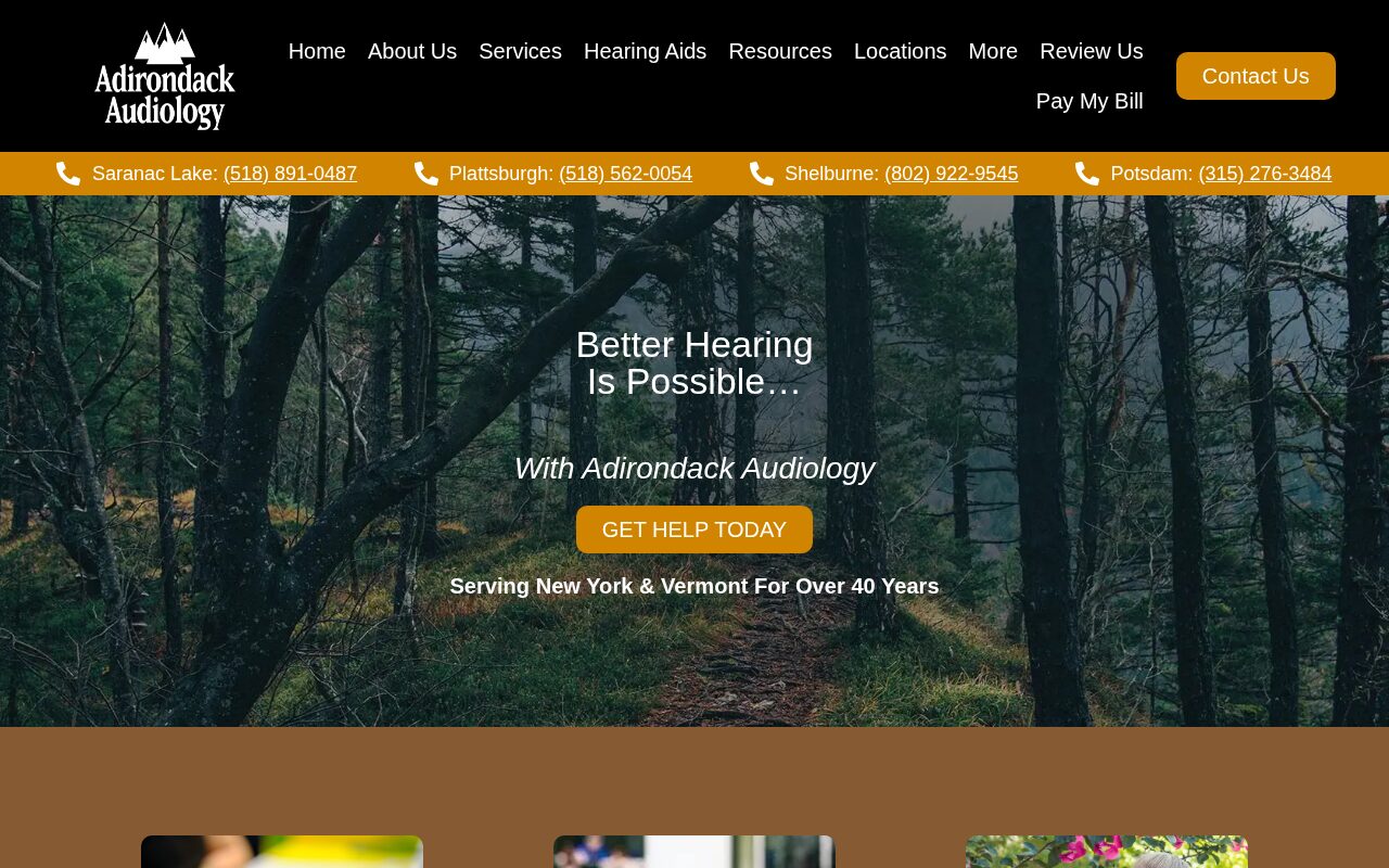 Adirondack Audiology website hero section — hearing care clinic